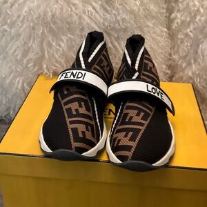Authentic Fendi Black and Brown Logo Slip-On Shoes